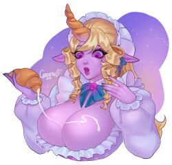 1girls big_breasts blonde_hair bow breasts busty cafe_cutie_soraka cafe_cuties_series cleavage clothed clothed_female clothing cream_filling cream_on_breasts curled_hair curvy female female_focus female_only food greenu holding_food horn huge_breasts large_breasts league_of_legends open_mouth pastry pointy_ears purple_eyes purple_lips purple_nails purple_skin solo soraka