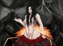 1girls arachne black_hair chaos_witch_quelaag claws dark_souls demon demon_girl female female_only fire fromsoftware large_breasts light_skin long_fingernails long_hair monster_girl nude pussy red_eyes smile solo spider spider_girl webbing zelles