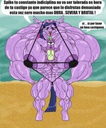 abs anthro erect_nipples female_focus friendship_is_magic fritztcatking furry green_eyes hooves horn hyper hyper_muscles hyper_nipples micro_bikini muscles muscular muscular_female my_little_pony pegasus pony purple_hair size_difference smooth_skin spanish_text spike_(mlp) tail twilight_sparkle_(mlp) vein veiny veiny_muscles wings