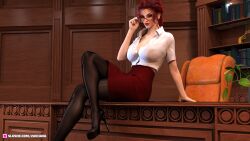 3d cleavage clothed clothing glasses high_heels large_breasts looking_at_viewer milf office_lady pantyhose pencil_skirt pinup red_hair redhead seated sitting skirt slushe_(website) solo_female white_shirt zavijava