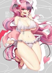 1girls breasts demon_girl erotanuki female horns ironmouse large_breasts laughing light-skinned_female light_skin long_hair looking_at_viewer loose_clothes panties pink_hair pointy_ears red_eyes sandals smug smug_face solo solo_female solo_focus spade_tail succubus swimsuit underboob virtual_youtuber vshojo wings