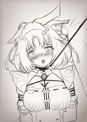 1boy 1boy1girl 1girls arms_behind_back artist_request bell_collar big_breasts blush bondage bound cat_ears catgirl cinnamon_(sayori) collar commentary_request dizzy ear ear_fuck ear_penetration ear_tuft earjob folded_ears head_grab inner_ear_fluff kneeling leash maid medium_hair monochrome neko nekomimi nekopara penis tagme tied_up