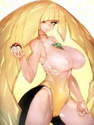 1girls 2022 alternate_breast_size blonde_hair breasts female female_only fumio_(rsqkr) green_eyes hair_over_one_eye highleg_leotard hips holding_object large_breasts leotard long_hair looking_at_viewer lusamine_(pokemon) mature_female milf mother nintendo nipples nipples_visible_through_clothing pokeball pokemon pokemon_sm slim_waist thick_thighs thighs very_long_hair white_clothing wide_hips wink