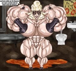 abs anthro biting_lip dawn_bellwether disney erect_nipples eyelashes female fritztcatking furry gigantic_breasts glasses hooves hyper hyper_muscles hyper_nipples jail_cell muscles muscular muscular_female pussy sheep sink solo spanish_text toilet wool zootopia