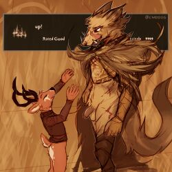 2022 anthro antlers armor balls blaidd_(elden_ring) bottomless bottomless_anthro bottomless_male breastplate brown_body brown_fur canid canine canis cervid cloak clothed clothing duo elden_ring english_text facial_scar fangs flaccid fromsoftware fur furry furry_only gameplay_mechanics genitals grey_body grey_fur hi_res horn humanoid_genitalia humanoid_penis larger_anthro larger_male lawyerdog male male_only mammal multicolored_body multicolored_fur panko_(lawyerdog) penis scar scars_all_over size_difference smaller_anthro smaller_male tail text two_tone_body two_tone_fur video_games white_body white_fur wolf