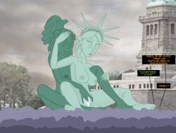 2girls crowd exhibitionism female female/female female_only fine_art fine_art_parody fingering giantess legs_held_open monster_girl multiple_girls original public_domain statue_of_freedom statue_of_liberty tongue_out unknown_artist yuri