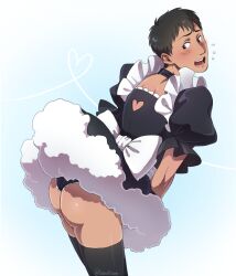 1boy accidental_exposure alternate_costume attack_on_titan bent_over bertolt_hoover black_hair black_legwear black_panties black_thighhighs blush bubble_butt choker crossdressing embarrassed femboy feminine_male feminization frills lace-trimmed_panties looking_back maid_uniform male male_only nene_(10575936) panties puffy_sleeves shingeki_no_kyojin solo tan_skin thighhighs trenotown upskirt