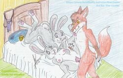 2019 anthro anthro_on_anthro bed bodily_fluids bonnie_hopps canid canine disney female fur furniture genitals grey_body grey_fur group judy_hopps kneeling lagomorph leporid male male/female mammal medium_breasts orange_body orange_fur pawpads penetration penile penile_penetration penis penis_in_pussy purple_eyes pussy rabbit sex sweat thecooler tongue tongue_out trio underwear vaginal_penetration were werecanid werecanine werefox werefox_(character) yellow_eyes zootopia