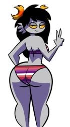 1girls ass ass_focus behind_view bikini bikini_bottom bikini_top black_hair breasts female fins grey_skin homestuck horns lesbian_pride_bikini lesbian_pride_colors long_hair looking_at_viewer looking_back looking_back_at_viewer ms_paint_adventures mythabyss oc original_character peace_sign pride_color_clothing pride_color_underwear solo solo_female standing troll yellow_sclera