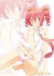 2daybreak3 ahoge barefoot blush bow_panties kasane_teto looking_at_viewer navel necktie no_pants no_shoes panties pink_eyes pink_hair pink_panties striped_panties tagme twin_drills utau vertical_stripes