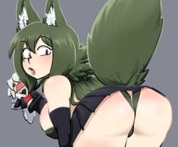 ass ass_cleavage butt_crack dat_ass deathblight ferania_(deathblight) green_fur green_hair hand_puppet heterochromia kemonomimi large_breasts noahdoesart panties pantyshot puppet red_eyes shiwa_(deathblight) skirt wolf_ears wolf_girl wolf_tail yellow_eyes