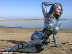 3d arm_up beach glowing_markings large_breasts metallic_body narrow_waist outdoor outdoors outside pinup robot_girl robot_joints slushe_(website) solo_female zavijava