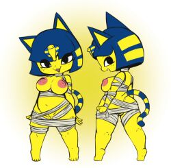 :3 animal_crossing ankha ankha_(animal_crossing) anthro big_breasts breasts domestic_cat fangs felid feline felis female front_view fur furry furry_only genitals gradient_background huge_breasts large_breasts looking_at_viewer looking_back mammal mostly_nude multiple_poses nintendo open_mouth open_smile pose pussy rear_view simple_background smile solo tail thick_thighs video_games vono white_background wraps