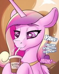 <3_eyes absurd_res alicorn bodily_fluids cocaine_(artist) coffee_cup container cum cup dialogue drinking_straw english_text equid equine female feral friendship_is_magic genital_fluids heart hi_res horn infidelity mammal multicolored_hair my_little_pony no_humans offscreen_character pink_body princess_cadance_(mlp) shining_armor_(mlp) slurp solo straw text three-tone_hair wings