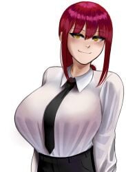 1girls bangs blush braided_ponytail breasts chainsaw_man female jiuukek large_breasts looking_at_viewer makima_(chainsaw_man) office_lady red_hair ringed_eyes simple_background smile smug solo suit tie upper_body white_background yellow_eyes