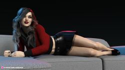 3d clothed clothing leather leather_skirt long_hair on_couch pinup skirt slushe_(website) solo_female zavijava