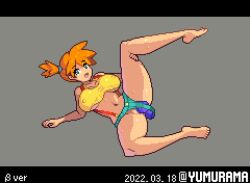 alternate_breast_size anal asymmetrical_hair blush breasts breasts_between_suspenders clothing denim denim_shorts dildo double_penetration female game_freak green_eyes huge_breasts kasumi_(pokemon) large_breasts legs navel nintendo orange_hair pixel_art pokemon pokemon_(game) pokemon_rgby ponytail red_hair sex_toy shirt shorts side_ponytail suspenders swimsuit tank_top tattoo thick_thighs thighs tied_hair vagina vaginal_object_insertion vaginal_penetration yellow_shirt yumura_kino yumurama