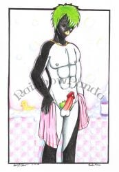 2008 abs anthro avian badtz-maru bath beak black_feathers colored_pencil_(artwork) eyebrow_piercing genital_piercing green_hair green_pubic_hair lavenderpandy male male_only nipple_piercing penguin penis piercings rubber_duck sanrio solo towel traditional_media_(artwork)