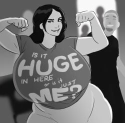 arms_up ashvenit big_breasts black_hair female huge_breasts large_breasts long_hair massive_breasts monochrome proud showing_off showing_off_breasts tagme text_on_shirt