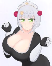 baosart cleavage_cutout genshin_impact green_eyes large_breasts noelle_(genshin_impact) silver_hair tagme