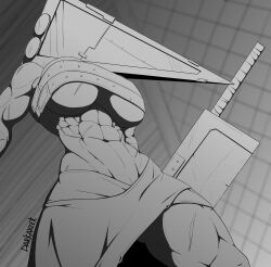 abs apron bandeau big_breasts darkayzek female female_only genderswap_(mtf) helmet low-angle_view monochrome muscular muscular_female pyramid_head rule_63 rule_63 scars silent_hill solo thick_thighs underboob weapon