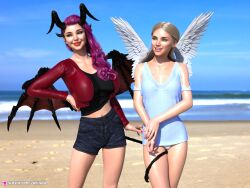 2girls 3d angel angel_girl beach blonde_hair clothed clothing curved_horn cute demon demon_girl depth_of_field devil_girl female_only horns huge_breasts jean_shorts long_hair long_tail outdoor outdoors outside panties pinup red_hair slushe_(website) small_breasts standing wings yuri zavijava