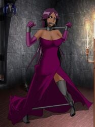 bleach bondage bossbb41 bound bound_ankles bound_arms bound_hands bound_legs bound_wrists breasts busty captured cleavage clothed collar dark-skinned_female dark_skin did dress female female_only femdom femsub gag gagged large_breasts milf purple_hair restrained shihouin_yoruichi spreader_bar