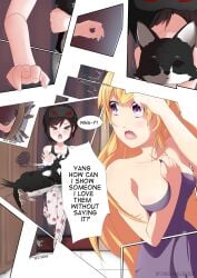 2d 2girls black_hair blonde_hair breasts canine chase_mallee clothed clothing comic comic_page dialogue female female/female female_focus female_only highres incest long_hair multiple_girls pajamas purple_eyes ruby_rose rwby short_hair siblings sister sister_and_sister sisters speaking speech_bubble tagme talking talking_to_another text thighs towel towel_only yang_xiao_long yuri