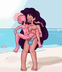 1boy 1futa anal anal_sex arm_around_shoulders beach carrying carrying_partner cartoon_network dwonksa futa_is_bigger futa_on_male futadom futanari gem_(species) gem_fusion height_difference holding lars_barriga off_colors_(steven_universe) pink_penis pink_skin public public_sex standing_sex steven_universe stevonnie stomach_bulge