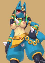 2020s 2022 2d anthro blue_body blush bracelet breasts chest_spike digital_media_(artwork) female female_lucario genitals hi_res jewelry lucario nintendo nipples pokemon pokemon_(species) pokemon_unite pussy red_eyes ruins_style_lucario simple_background solo spikes spikes_(anatomy) video_games wolflong