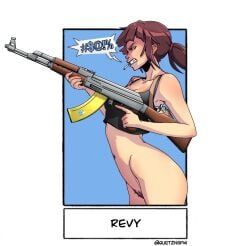 1girls black_lagoon bottomless brown_hair casual character_name cigarette clothing female female_only firearm gun human pale_skin ponytail pubic_hair quetzoiin revy rifle smoking solo swear tank_top uncensored weapon