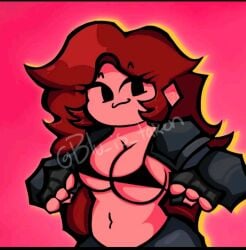 :3 agent_gf_(friday_night_funkin) artist_name auburn_hair big_breasts blu_is_taken ears female female_only fingerless_gloves friday_night_funkin friday_night_funkin_mod girlfriend_(friday_night_funkin) small_bra solo thighs uwu watermark