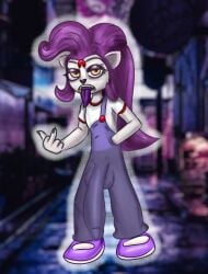 anthro big_penis black_nails bulge bulge_down_leg bulge_through_clothing coco_bandicoot cosplay crash_(series) dwonksa edit emo eyeshadow flipping_off futanari goth huge_cock long_penis long_tongue middle_finger nina_cortex overalls penis_under_clothes pointy_tongue purple_hair purple_tongue tongue_out yellow_eyes