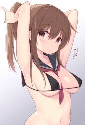 :o adjusting_hair armpits arms_up bangs between_breasts bikini black_bikini black_sailor_collar blush breasts brown_eyes brown_hair cleavage covered_nipples eyebrows_visible_through_hair female gradient gradient_background grey_background highres inazuma_(kantai_collection) kantai_collection large_breasts long_hair looking_at_viewer medium_breasts micro_bikini navel neckerchief parted_lips ponytail red_neckerchief sailor_collar short_hair solo sweat swimsuit tying_hair upper_body watanon_(gakushokutei)