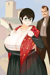 1boy 1boy1girl 1girls 2022 big_breasts black_hair breasts brown_hair cleavage cuteakita female female_focus glasses green_eyes huge_breasts large_breasts male milf moustache necklace short_hair