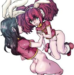 2girls akane_kurashiki ass bottomless bunny_ears chinese_clothes clover_(zero_escape) cosplay female female_only green_eyes hand_holding interlocked_fingers marnic multiple_girls nine_hours_nine_persons_nine_doors pink_hair white_background yuri zero_escape zero_iii_(cosplay)