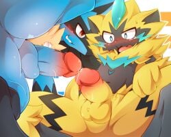 absurd_res anthro anthro_on_anthro balls black_body black_fur blue_body blue_fur blush bodily_fluids dripping duo edit erection fur genital_fluids genitals hi_res humanoid_genitalia humanoid_penis legendary_pokémon looking_at_another lucario male male/male male_only nintendo open_mouth penis pokemon pokemon_(species) precum precum_drip sex shaded spread_legs spreading sweat tears touching_tips tsukane_yoda uncensored video_games yellow_body yellow_fur zeraora