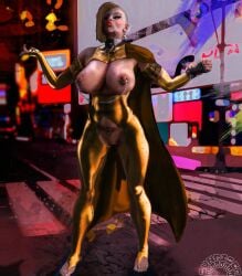 big_breasts big_nipples blonde_hair breasts commission evil_face first_post_of_artist gold golden_hair huge_breasts jewelry kryptonian nazi nipple_piercing nipples original original_character pussy queen red_eyes revealing_clothes sunriser tall villain