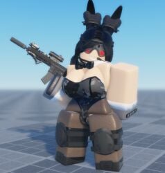 1girls 3d baseplate big_breasts bloxmodeller blush bowtie bowtie_collar breasts bunny_ears bunny_girl bunny_tail bunnysuit camo_clothing camo_topwear camouflage cleavage clothed clothing fishnets gloves grace_(bloxmodeller) gun headgear kneepads microphone roblox robloxian sniper sniper_rifle thick_ass thick_thighs thighhighs thighs weapon