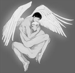 2boys attack_on_titan bertolt_hoover closed_eyes completely_nude embrace feathered_wings full_body gay male male_only monochrome muscular muscular_male nene_(10575936) nude reiner_braun shingeki_no_kyojin trenotown wings yaoi