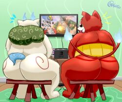 anthro big_ass big_butt bowser canid canine canis cat dog domestic_cat domestic_dog felid feline furry furry_only gaming gay jibanyan king_k._rool koma-san komasan koopa level-5 male male/male male_only mario_(series) nintendo shikapandakuma sitting super_smash_bros. tail tv yo-kai_watch youkai youkai_watch yōkai