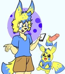 anthro bottomwear clothing cosplay_pikachu disembodied_penis eyewear feral furboi furboi_(furboi_pine) genitals hi_res male nintendo penis pikachu pokémon_(species) pokemon retrochu shirt shorts solo topwear video_games