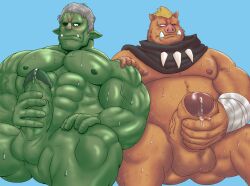 2021 anthro balls belly blue_background bodily_fluids duo edit erection geld_(that_time_i_got_reincarnated_as_a_slime) genitals genta_iwayama goblin goblin_male green_body humanoid humanoid_genitalia humanoid_hands humanoid_penis male male/male male_only mammal masturbation moobs muscular muscular_male nipples orc overweight overweight_male pecs penis rigurd simple_background sitting suid suina sus_(pig) sweat tensei_shitara_slime_datta_ken that_time_i_got_reincarnated_as_a_slime uncensored wild_boar