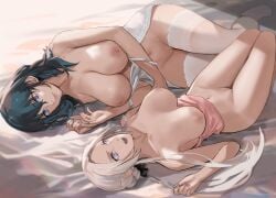 2girls bed blue_hair blush breasts breasts_out byleth_(fire_emblem) byleth_(fire_emblem)_(female) edelgard_von_hresvelg female female_only fire_emblem fire_emblem:_three_houses hartman_hips j@ck laying_down lingerie medium_hair multiple_girls naked_stockings nude nude_female teal_hair white_hair yuri