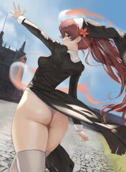 1girls ass ass_focus big_ass breasts brown_hair bubble_ass bubble_butt dolri dress from_behind genshin_impact hi_res hu_tao_(genshin_impact) nun panties red_eyes thick_thighs thighhighs twintails underwear veil white_panties