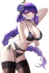 1girls black_bra black_legwear black_panties bra braid busty cleavage curvy eternity_(shadeh) female garter_belt garter_straps genshin_impact hi_res lingerie long_hair looking_at_viewer milf panties purple_eyes purple_hair raiden_shogun thick_thighs underwear