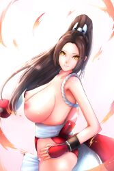 1girls big_breasts breasts brown_hair edwardapcychu fatal_fury female female_only huge_breasts japanese_clothes king_of_fighters looking_at_viewer mai_shiranui nipples no_bra open_shirt ponytail snk torn_clothes