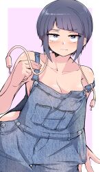 1girls ass bare_shoulders blue_eyes blue_hair blush blushing breasts busty cleavage female female_focus female_only hourglass_figure kyoka_jiro medium_breasts my_hero_academia naked_overalls overalls overalls_only shinonome_mozuku short_hair solo tagme wide_hips