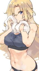 abs bangs blonde_hair blue_bra blue_eyes blue_panties bra breasts drying female hair_over_one_eye holding holding_towel hornet_(kantai_collection) kantai_collection long_hair looking_at_viewer medium_breasts nakadori_(movgnsk) panties simple_background solo sports_bra sweat toned towel underwear white_background