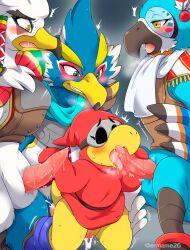 ambiguous_gender anal anthro avian balls bird blue_body blue_feathers blush bodily_fluids breath_of_the_wild clothing crossover cum edit erection eromame feathers genital_fluids genitals hi_res kass_(tloz) kass_(zelda) koopa licking male male/ambiguous mario_(series) nintendo oral penile penis penis_lick revali rito robe scalie sex size_difference teba_(tloz) the_legend_of_zelda toady_(mario) tongue tongue_out uncensored video_games white_body white_feathers yoshi's_island